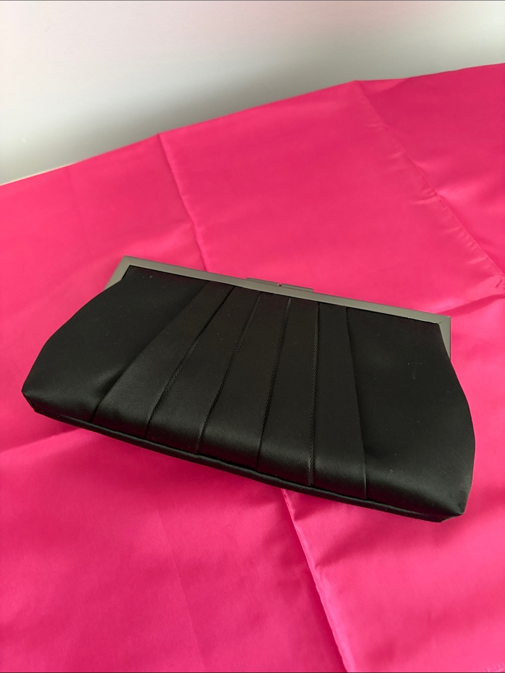 BCBGMaxAzria Black Satin Pleated Frame Clutch
